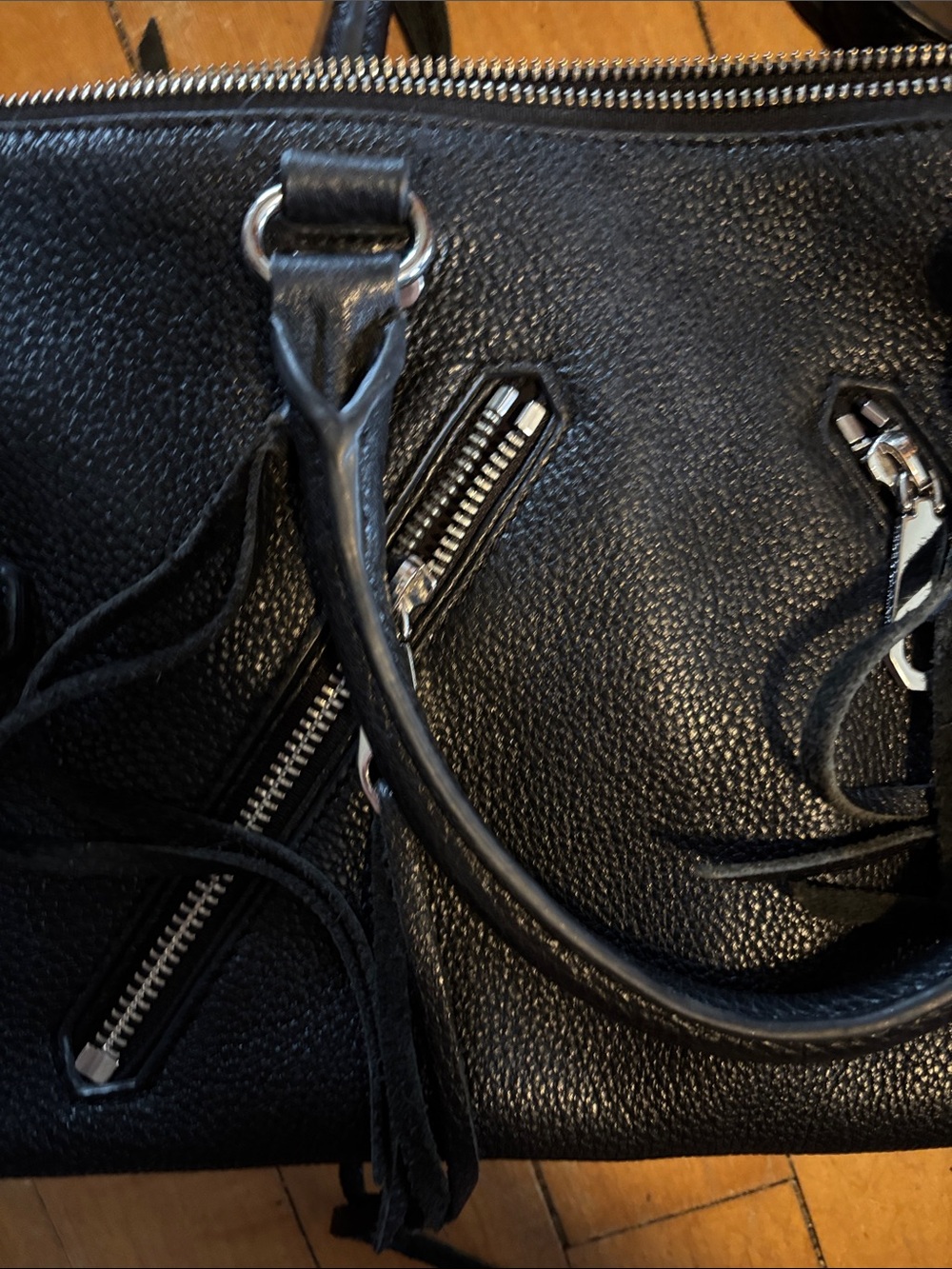 EUC Rebecca Minkoff Black Pebble Leather Fringe Moto Satchel Crossbody Tassels - Picture 3 of 14